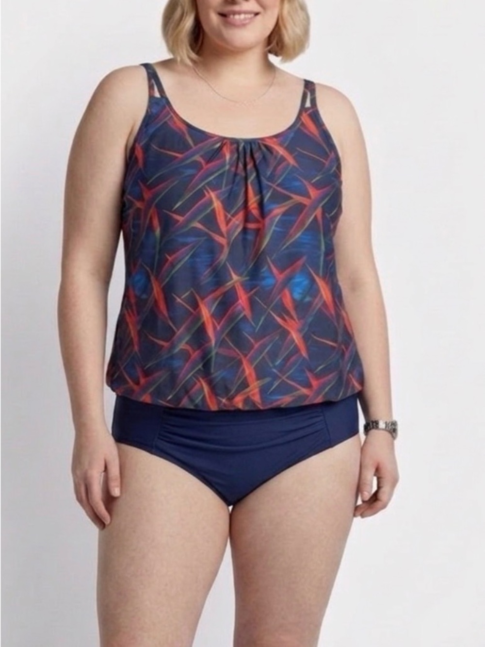 Plus-Size Navy Bikini Tankini with Coral-Red Accent Print Top Only